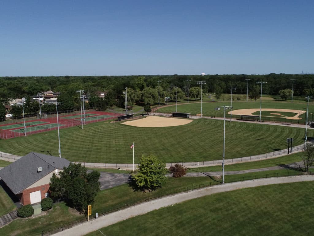 Aerial view of baseball fields and tennis courts at Gouwens Park in South Holland, Illinois.